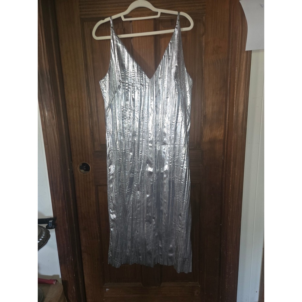 ASOS Womens Silver Metallic V-Neck Spaghetti Strap Crinkle Midi Slip Dress US 12